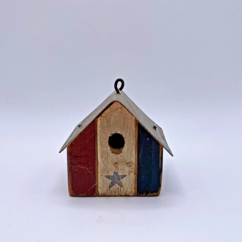 Vintage Americana Rustic Primitive Flag Metal Birdhouse Copper Roof Hang Mini